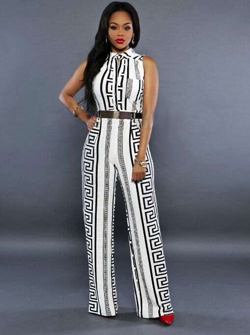 w25007-2 BLACK AND WHITE AZTEC TRIBAL PRINT SLEEVELESS PARTY WIDE LEG JUMPSUIT